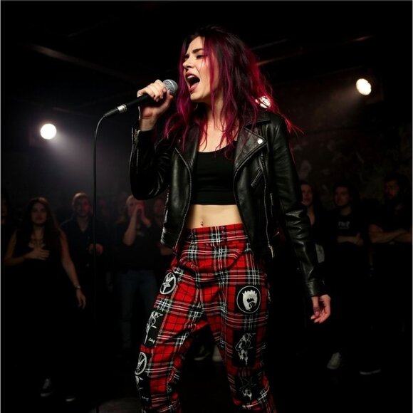 Long Clothing Red Tartan Clip Pants Punk Patch Buckle Straps Y2K Streetwear S - Picture 2 of 10